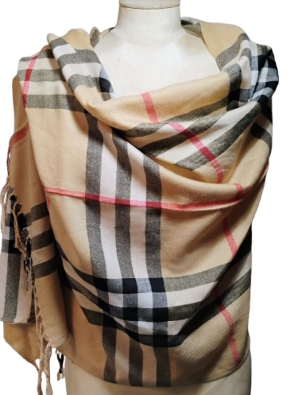 Burberry London Classic Beige Nova Check Plaid Fringed Shawl  25" x 68"